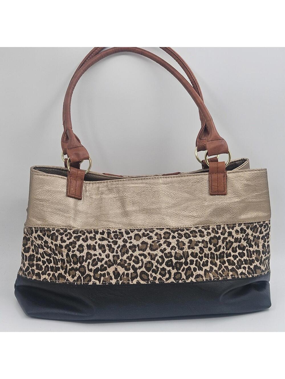 Handbag Carry-All Tote  3-Tone Metallic Gold & Leopard Print with Tan Handles
